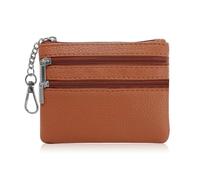 AfitLulu Kleines Portemonnaie Damen Kunstleder Münzgeldbörse mit Schlüsselanhänger und 2-lagiger Reißverschlusstasche, Mini Geldbörse Coin Purse für Münze, Schlüssel, Lippenstift (Braun-Leder)