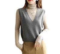 AGAATI Strickweste aus 100% Wolle, ärmellos, Damen-Pullover mit V-Ausschnitt, Herbst-Winter, Kaschmir, Übergröße, kurzes Oberteil, Außenweste (Grau XL)