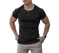 Agilelin Herren Baumwolle Kurzarm Shirt,Schlanke Passform Muskelshirts,Casual Henley Shirt,Geripptes Tshirt(Schwarz/L)