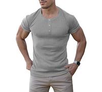 Agilelin Herren Baumwolle Kurzarm Shirt,Schlanke Passform Muskelshirts,Casual Henley Shirt,Geripptes Tshirt(Grau/S)