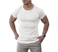 Agilelin Herren Baumwolle Kurzarm Shirt,Schlanke Passform Muskelshirts,Casual Henley Shirt,Geripptes Tshirt(Weiß/L)