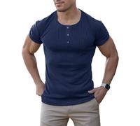 Agilelin Herren Baumwolle Kurzarm Shirt,Schlanke Passform Muskelshirts,Casual Henley Shirt,Geripptes Tshirt(Blau/L)