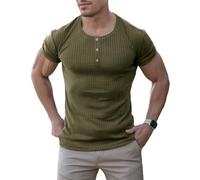 Agilelin Herren Baumwolle Kurzarm Shirt,Schlanke Passform Muskelshirts,Casual Henley Shirt,Geripptes Tshirt(Grün/2XL)