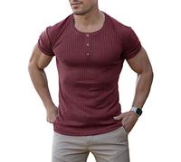 Agilelin Herren Baumwolle Kurzarm Shirt,Schlanke Passform Muskelshirts,Casual Henley Shirt,Geripptes Tshirt(Rot/L)