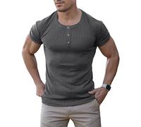 Agilelin Herren Baumwolle Kurzarm Shirt,Schlanke Passform Muskelshirts,Casual Henley Shirt,Geripptes Tshirt(Dunkelgrau/2XL)