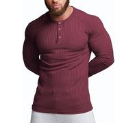 Agilelin Herren Baumwolle Langarm Shirt,Schlanke Passform Muskelshirts,Casual Henley Shirt,Geripptes Tshirt(Rot/M)