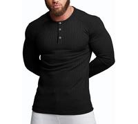 Agilelin Herren Baumwolle Langarm Shirt,Schlanke Passform Muskelshirts,Casual Henley Shirt,Geripptes Tshirt(Schwarz/S)