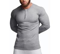 Agilelin Herren Baumwolle Langarm Shirt,Schlanke Passform Muskelshirts,Casual Henley Shirt,Geripptes Tshirt(Grau/S)