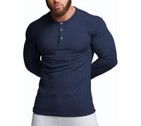 Agilelin Herren Baumwolle Langarm Shirt,Schlanke Passform Muskelshirts,Casual Henley Shirt,Geripptes Tshirt(Blau/M)