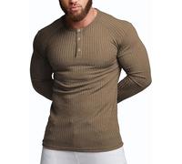Agilelin Herren Baumwolle Langarm Shirt,Schlanke Passform Muskelshirts,Casual Henley Shirt,Geripptes Tshirt(Braun/L)