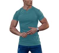 Agilelin Herren Kurzarm T Shirts,Stretch Muskelshirts,Slim Fit V-Neck Shirts,Casual Geripptes Hemd,Workout Top(Blue/L)