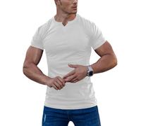 Agilelin Herren Kurzarm T Shirts,Stretch Muskelshirts,Slim Fit V-Neck Shirts,Casual Geripptes Hemd,Workout Top(White/XS)