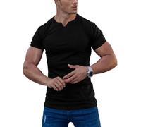 Agilelin Herren Kurzarm T Shirts,Stretch Muskelshirts,Slim Fit V-Neck Shirts,Casual Geripptes Hemd,Workout Top(Black/M)