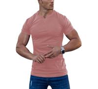 Agilelin Herren Kurzarm T Shirts,Stretch Muskelshirts,Slim Fit V-Neck Shirts,Casual Geripptes Hemd,Workout Top(Pink/S)