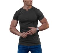 Agilelin Herren Kurzarm T Shirts,Stretch Muskelshirts,Slim Fit V-Neck Shirts,Casual Geripptes Hemd,Workout Top(Grey/M)