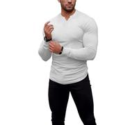 Agilelin Herren Langarm T Shirts,Stretch Muskelshirts,Slim Fit V-Neck Shirts,Casual Geripptes Hemd,Workout Top(White/L)