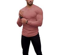 Agilelin Herren Langarm T Shirts,Stretch Muskelshirts,Slim Fit V-Neck Shirts,Casual Geripptes Hemd,Workout Top(Pink/XL)