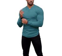 Agilelin Herren Langarm T Shirts,Stretch Muskelshirts,Slim Fit V-Neck Shirts,Casual Geripptes Hemd,Workout Top(Blue/XL)