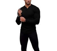 Agilelin Herren Langarm T Shirts,Stretch Muskelshirts,Slim Fit V-Neck Shirts,Casual Geripptes Hemd,Workout Top(Black/L)