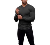 Agilelin Herren Langarm T Shirts,Stretch Muskelshirts,Slim Fit V-Neck Shirts,Casual Geripptes Hemd,Workout Top(Grey/L)