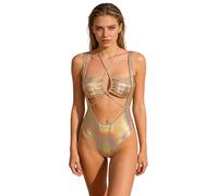 Agoky Damen Ärmellos Bodysuit Metallic Einteiler Badeanzug High Cut Unterwäsche Wetlook Nachtwäsche Neckholder Stringbody mit Cut Outs Gold L