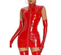 Agoky Damen Bodycon Kleider Kunstleder Wetlook Partykleider Ärmellos Stehkragen Lederkleid Kurz mit Zipper Clubwear Nachtwäsche Schwarz Rot M XL