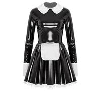 Agoky Damen Dienstmädchen Kleid aus Kunstleder French Maid Kurze Puffärmel Minikleid mit Schürze Volants Bowknot Süße Lolita Uniformen Gogo Clubwear Schwarz A 4XL