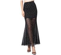 Agoky Damen Durchsichtig Bleistift Rock Slim Fit Stretch Minirock mit langem Saum Midi Lang Freizeitrock Glitzer Sommerrock Abendrock Partyrock Schwarz S