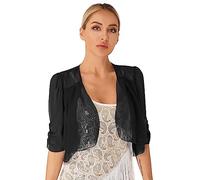 Agoky Damen Eleganter Bolero Festlich Spitzen/Chiffon Jacke Transparent Schulterjacke Kurzes Jäckchen in Schwarz Weiß Schwarz I 4XL