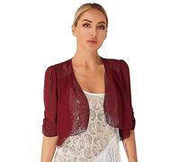 Agoky Damen Eleganter Bolero Festlich Spitzen/Chiffon Jacke Transparent Schulterjacke Kurzes Jäckchen in Schwarz Weiß Burgundy I L