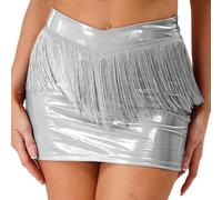 Agoky Damen Lack Leder Bodycon Rock mit Fransen Wetlook Minirock Kurz Knielang Bleistiftrock Sommer Freizeitrock Gogo Party Clubwear gr. S-3XL Silber 3XL