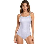 Agoky Damen Metallic Einteiler Badeanzug High Cut Thong Wetlook Stringbody Rückenfrei Dessous Body Spaghetti Top Bikini Tankini Bademode Typ F L
