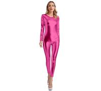 Agoky Damen Metallic Turnanzug Ganzkörper Gymnastikanzug Langarm/Kurzarm Jumpsuit Overall mit Zipper Slim Fit Bodycon Romper Stretch Einteiler Tanzbekleidung Hot Pink L