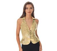 Agoky Damen Metallic Weste Pailletten Anzug Kellner V-Ausschnitt Modern Slim Fit Oberteile Business Waistcoat Gilet mit Kentkragen ärmelloses Top Disco Kleidung Hippie Kostüm Gold M