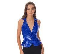Agoky Damen Metallic Weste Pailletten Anzug Kellner V-Ausschnitt Modern Slim Fit Oberteile Business Waistcoat Gilet mit Kentkragen ärmelloses Top Disco Kleidung Hippie Kostüm Königsblau 3XL