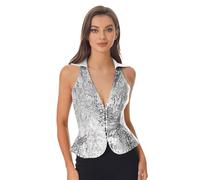 Agoky Damen Metallic Weste Pailletten Anzug Kellner V-Ausschnitt Modern Slim Fit Oberteile Business Waistcoat Gilet mit Kentkragen ärmelloses Top Disco Kleidung Hippie Kostüm Silber S