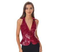 Agoky Damen Metallic Weste Pailletten Anzug Kellner V-Ausschnitt Modern Slim Fit Oberteile Business Waistcoat Gilet mit Kentkragen ärmelloses Top Disco Kleidung Hippie Kostüm Burgundy L