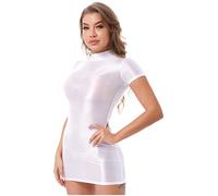 Agoky Damen Mini Kleid Rollkragen Blusenkleid aus ÖL Glänzend Strumpfwaren Bleistiftkleid Etuikleid Super Kurz Hohe Taille Kleidchen Weiß L