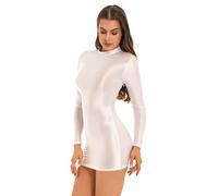 Agoky Damen Mini Kleid Rollkragen Blusenkleid aus ÖL Glänzend Strumpfwaren Bleistiftkleid Etuikleid Super Kurz Hohe Taille Kleidchen Weiß Langarm XL