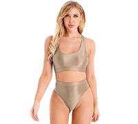 Agoky Damen Sport Unterwäsche BH und Slip Set Metallic Crop Top Racerback Low Rise Hipster Panty Zweiteilige Bademode Braun XL