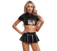 Agoky Damen Wetlook Crop Top Kurzarm Rollkragen Oberteile und Minirock Faltenrock Lack Leder Optik Cool Outfit Gogo Tanz Clubwear Schwarz A S