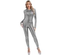 Agoky Damen Wetlook Jumpsuit Langarm Overall Meerjungfrau Print Ganzkörperanzug mit lange Hose Glänzend Catsuit Lack Leder Optik Clubwear
