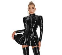 Agoky Damen Wetlook Leder Kleider A Linie Partykleid Stehkragen Top mit Reisverschluss Ausgestellt Rock Sexy Clubwear Schwarz E XXL