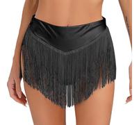 Agoky Damen Wetlook Unterhosen Lack Leder Slip mit Fransen Rock Latein Tanzrock High Waist Flapper Kostüm Minirock Glitzer Eiskunstlauf Skater Röckchen mit Quaste Schwarz S