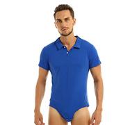 Agoky Herren Body Männer Einteiler Unterwäsche Kurzarm Unterhemd Polokragen T-Shirt Einfarbig Baumwolle Tops und Ouvert Slip mit Knöpfe im Schritt Polohemd Blau XXL