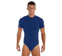 Agoky Herren Body Männer Einteiler Unterwäsche Kurzarm Unterhemd Rundhals T-Shirt Einfarbig Baumwolle Tops und Ouvert Slip mit Knöpfe im Schritt Blau Slim L