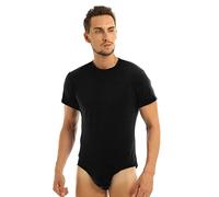 Agoky Herren Body Männer Einteiler Unterwäsche Kurzarm Unterhemd Rundhals T-Shirt Einfarbig Baumwolle Tops und Ouvert Slip mit Knöpfe im Schritt Schwarz L