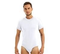 Agoky Herren Body Männer Einteiler Unterwäsche Kurzarm Unterhemd Rundhals T-Shirt Einfarbig Baumwolle Tops und Ouvert Slip mit Knöpfe im Schritt Weiß L