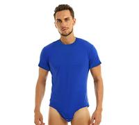 Agoky Herren Body Männer Einteiler Unterwäsche Kurzarm Unterhemd Rundhals T-Shirt Einfarbig Baumwolle Tops und Ouvert Slip mit Knöpfe im Schritt Blau L