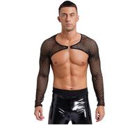 Agoky Herren Fishnet Unterhemden Langarm Crop Top Sexy Durchsichtige Dessous Fitness Gym Sport Oberteile Kurz Bauchfrei Shirts Schulter Harness Geschirr Clubwear Schwarz 3XL